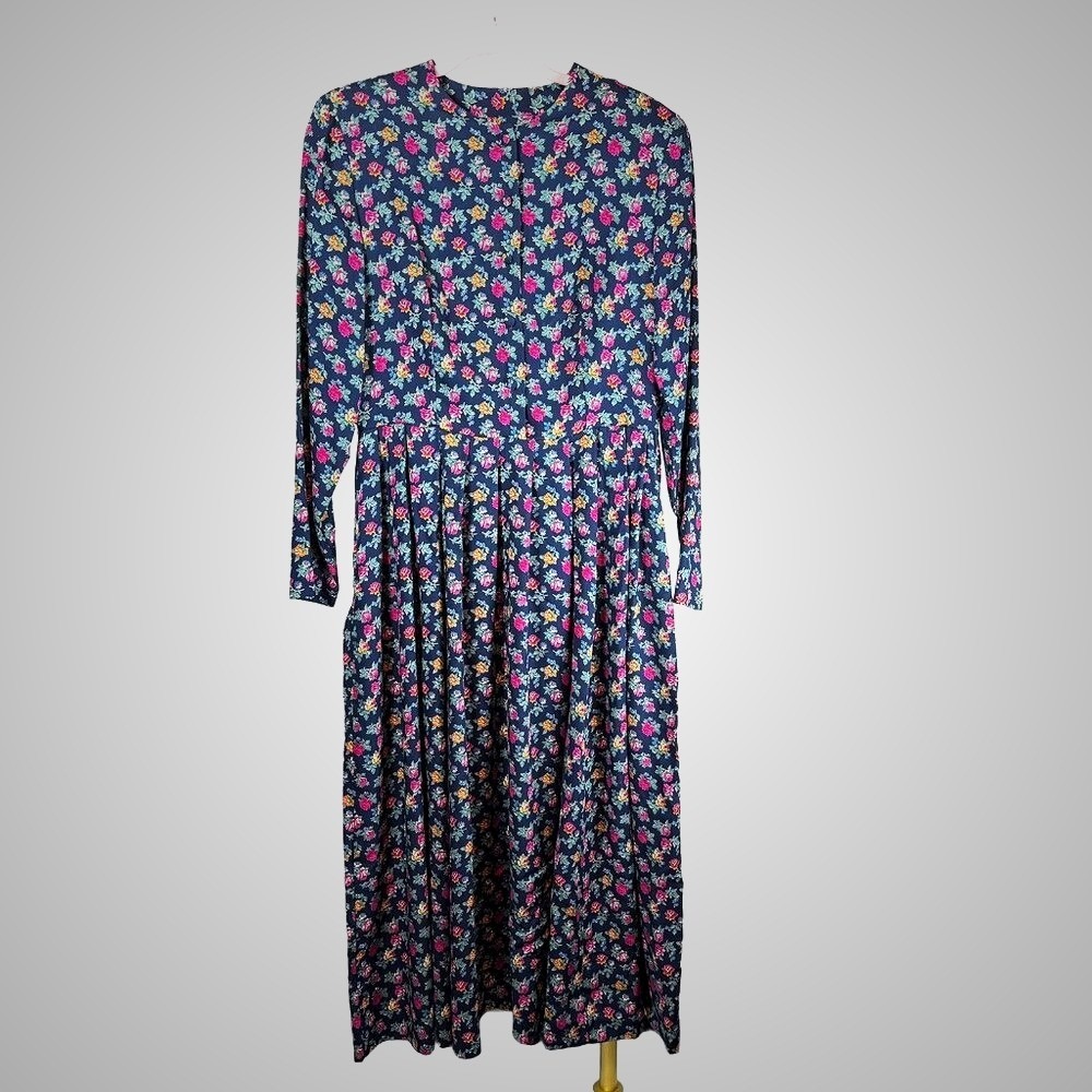 Laura Ashley Vintage Navy Floral Long Sleeve Midi Dress Sz 12 - Picture 1 of 2